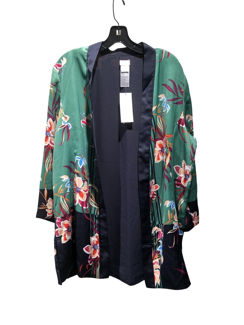 Chico's Kimono Jacket Womens 16/18 Green Navy Floral Tropical Reversible